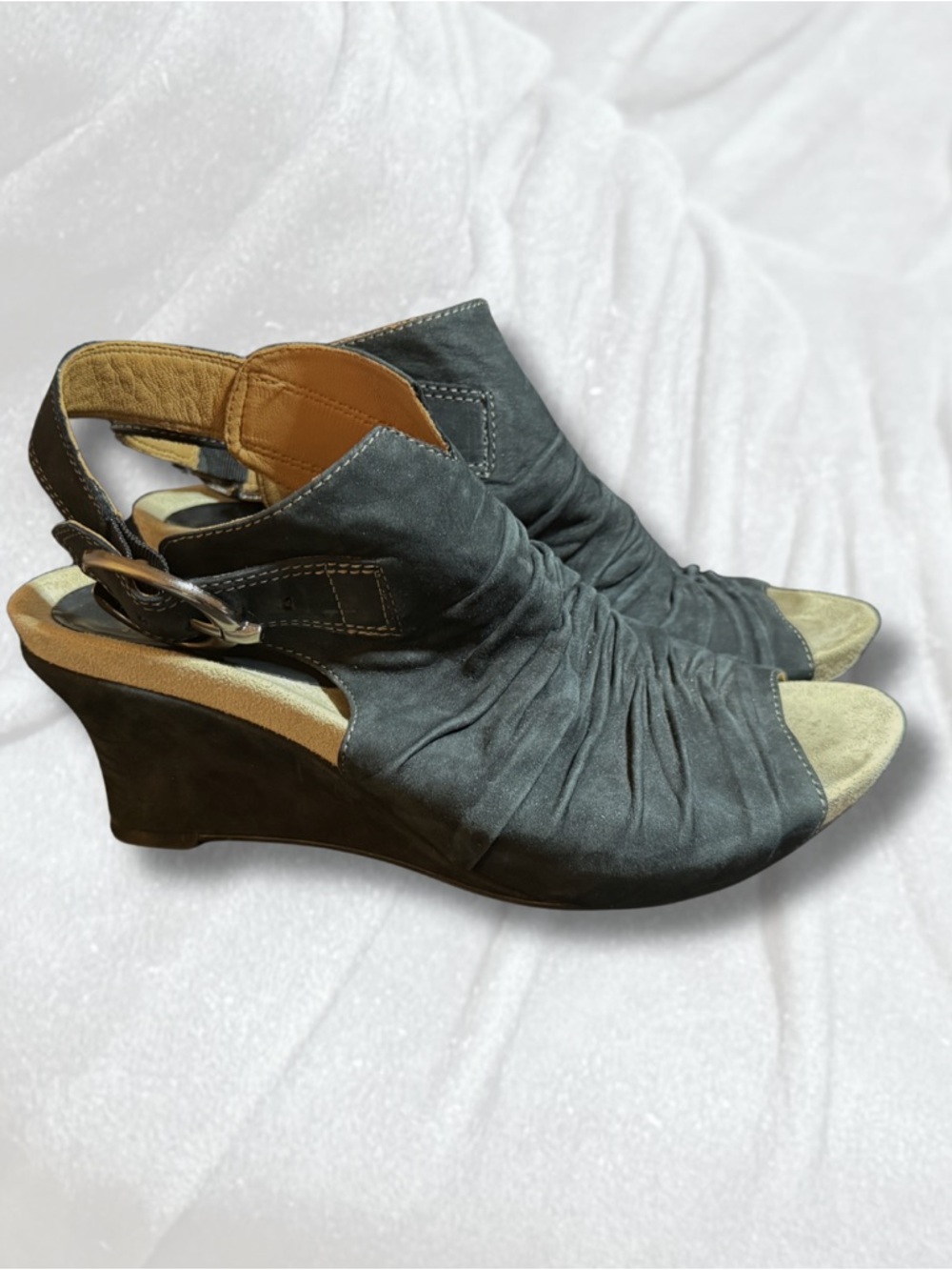 Earthies Black Suede Open-Toe Slingback Wedges